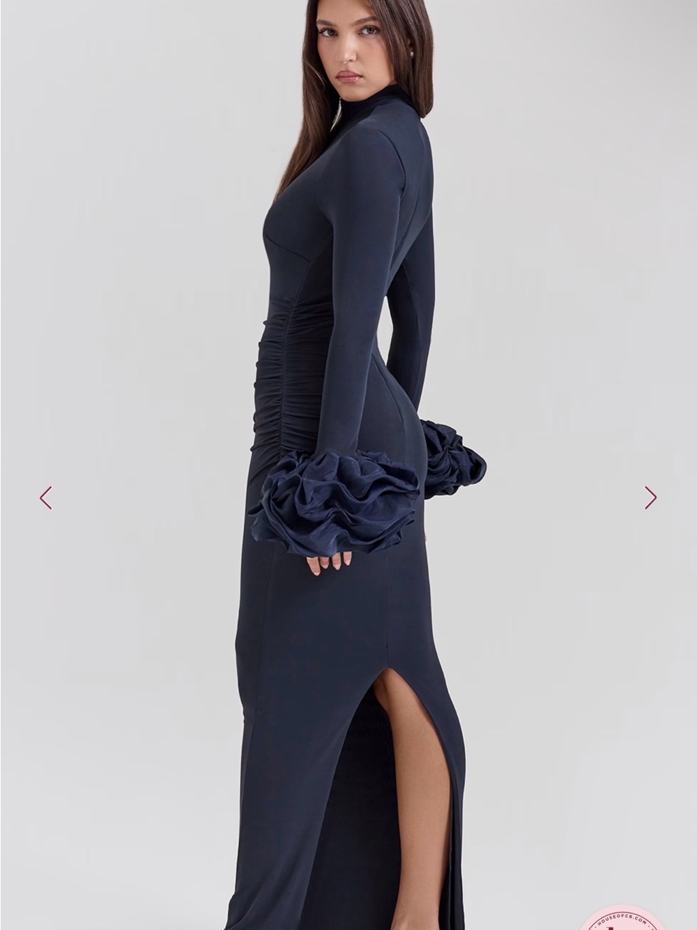 Commense Navy Long-Sleeve Ruched Maxi Dress with Ruffle Cuffs
